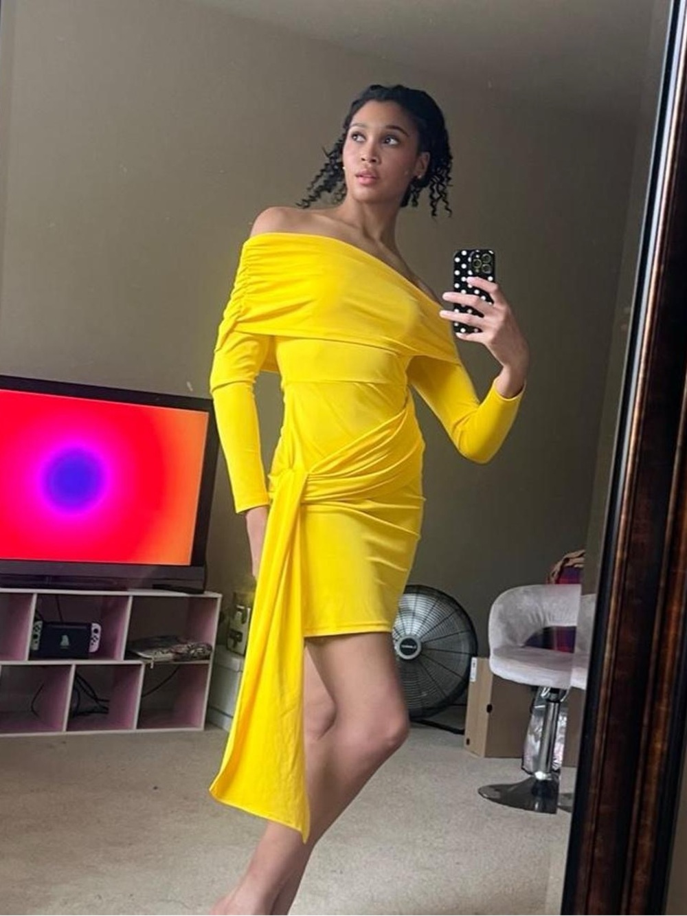 Yellow off the shoulder midi dress with tie detail, long sleeve, bright canary
